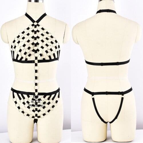 Silver Color Ring Unique Design Body Harness Set Crop Top Cage Bra Connection Bottom Pantie G-string Gothic Sexy Bandage Harness