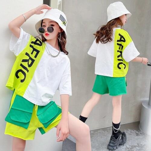Summer Girls Sets Clothing Kids Fashion Patchwork T Shirt & Shorts 2pcs Teen Girls Clothes Suit Children Costume 6 8 10 12 Years