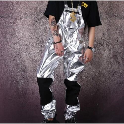 Mens pants stage personality Silver Siamese Tooling Overalls pant men trousers singer street star style novelty b636