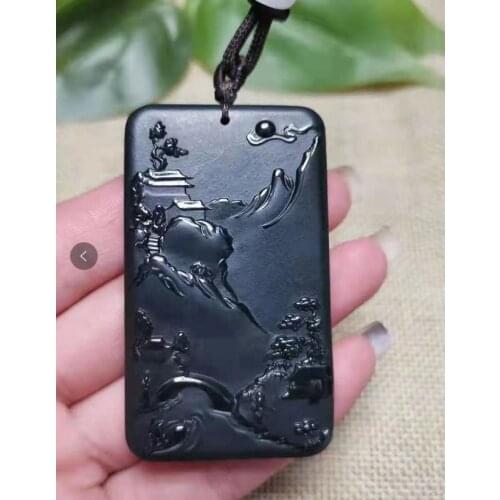 Natural A hetian jade double Hand-Carved jade landscape black green jade pendant jade necklace men pendants jewelry