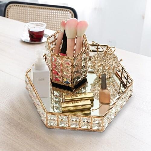 Nordic Glass Mirror Crystal Hexagon Cake Plate Home Party Dessert Cosmetic Display Tray