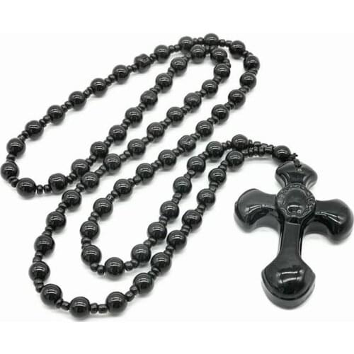 Black Natural Stone Obsidian Cross Lucky Health Amulet Pendant Necklace For Women Men Fashion Bead Chain Necklace Jewelry