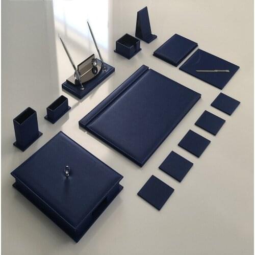 LUXURY Navy Blue Office Desk Leather Mat Set Organizer Accessories (Office Supplies, Office Desktop Set, Desk Organizer,)