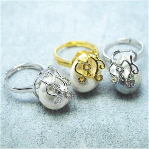 Sterling silverrings genuine cultured freshwater pearl rings adjustable rings size 14mm luxury wedding or party wearing