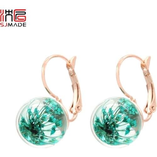 SJMADE Fashion Real Plant Dry Flower Round Pressed Flower Dangle Earrings Fashion Woman Jewelry Lady Girls Daily Accessories