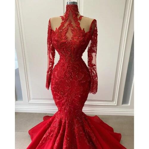 Modest Red Lace Mermaid Evening Dresses 2021 Real Image Appliques Beaded Long Prom Gowns With Full Sleeves Formal Party Dress