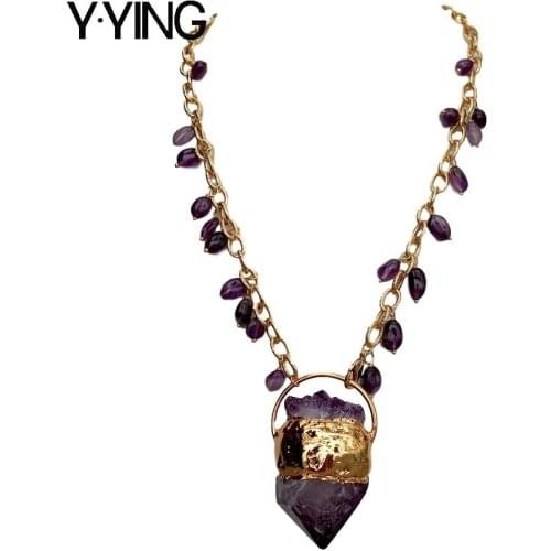 Y·YING Purple Amethysts Gold color Plated Brass Chain Necklace Super Seven Amethysts Pendant necklace for women 19