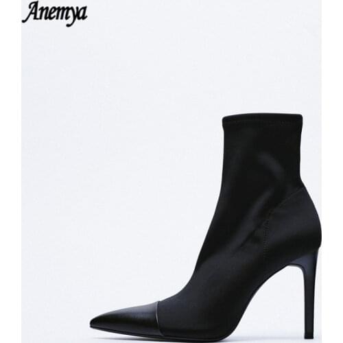 2021 Ankle Boots For Women Pointed Toe Ladies 8CM Thin High Heels Boots Female Shoes Autumn Woman Stretch Fabric Chelsea Boots