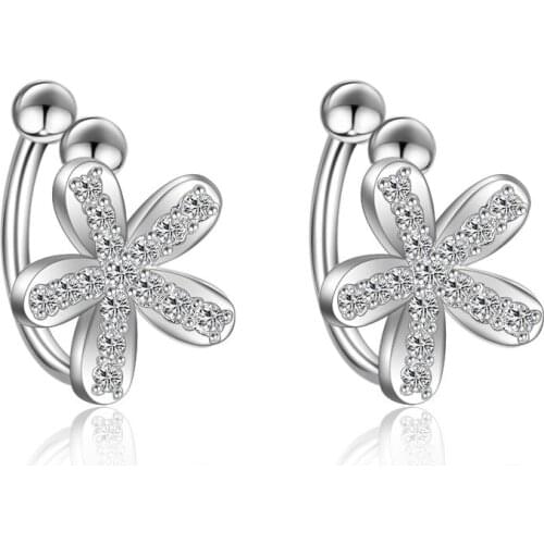 Hot Sale Wholesale 2017 New Design Lovely Flower Shiny Zircon 925 Sterling Silver Clip Earrings for Women Jewelry Christmas Gift