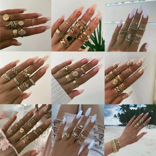 Tocona 30 Style Boho Geometric Gold Rings for Women Shiny Crystal Stone Butterfly Snake Carve Flower Lettter Wedding Rings