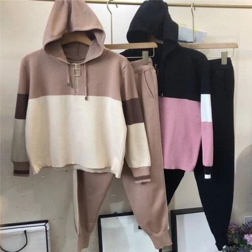 Amolapha Women Hit Color Patchwork Knitting Hooded Pullover Sweater+ Pants Sets Tracksuit