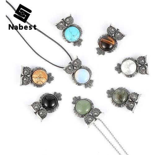 Women Men Owl Natural Gem Stone Pendant Necklace Tiger Eye Turquoises Onyx Alloy Clavicle Sweater Chain Jewelry 45/65cm Length