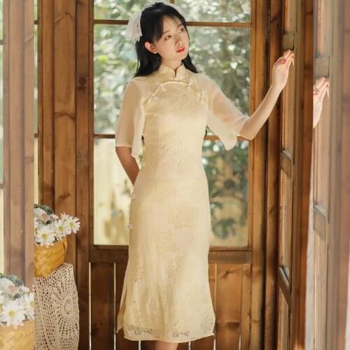 Pure Color Elegant Vintage Cheongsam Women Summer 2021 Chinese style Retro Qipao Vestido Flowers Hollow Chic Gentle Lace Dress