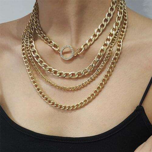 Vintage Multilayer Thick Chain Choker Necklace for Women Punk Hip Hop Crystal Round Circle Bib Necklace Statement Jewelry
