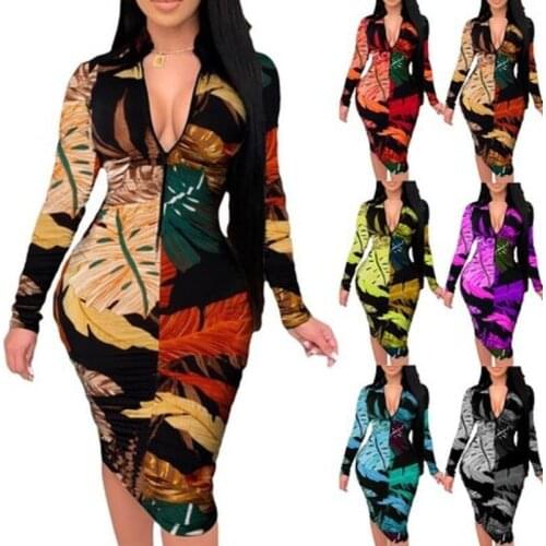 Women Sexy V Neck Zipper Slim Fit Party Dress Summer Spring Vintage Print Short/Long Sleeve Bodycon Dresses Lady Casual Dresses