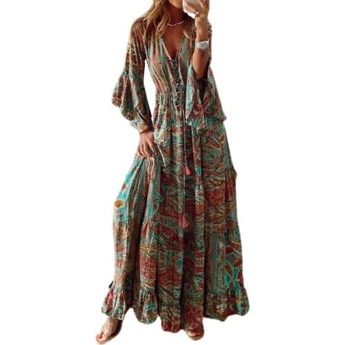 Women Retro Floral Print Boho Long Dress 2021 Spring 3/4 Flare Sleeve Ruffle Maxi Dress Summer V Neck Button Beach Dress Vestido