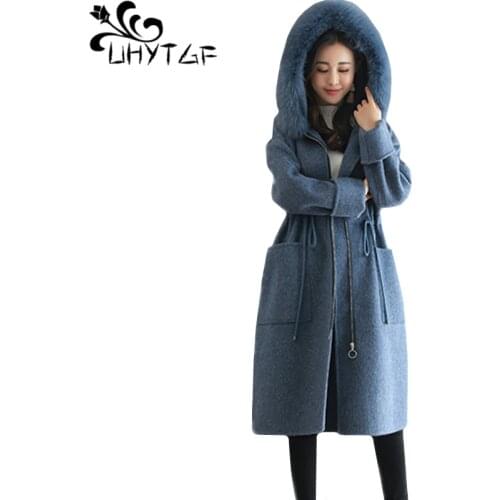 UHYTGF Fur collar winter wool coat Women zipper hooded high quality autumn woolen coat loose plus size coats long top female 282