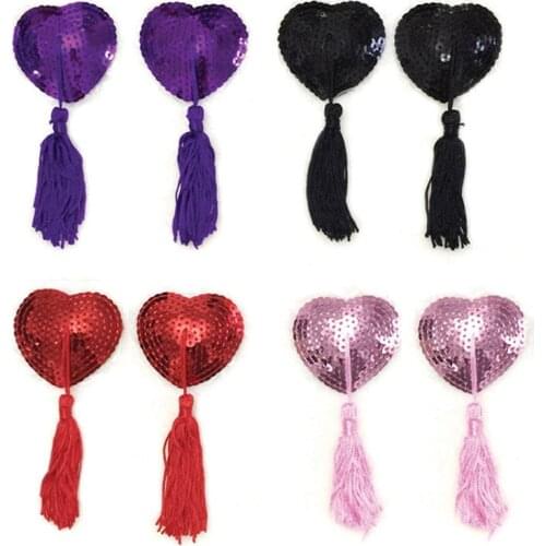 1Pair Women Sex Product Sexy Sequin Nipple Covers With Tassels Heart Shape Nipple Stickers Chest Stickers