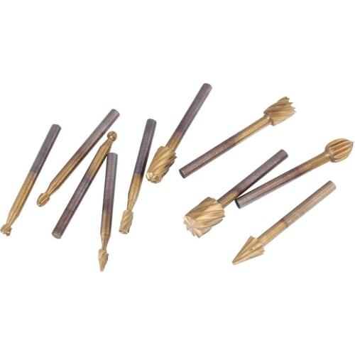10pcs/Set Cutter HSS Titanium High Speed Steel Burrs Rotary Files Woodworking Carving Tool Set for Engraving Wood Rotary Tool