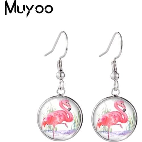 2020 New Pink Flamingo Earring Bird Art Fish Hook Earrings Handmade Round Glass Dome Jewelry Gifts Girl