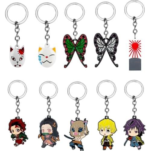 Anime Trinket Keychain Demon Slayer Keyrings Kamado Tanjirou Kochou Shinobu Butterfly Fox Mask Pendant Keyholder llaveros