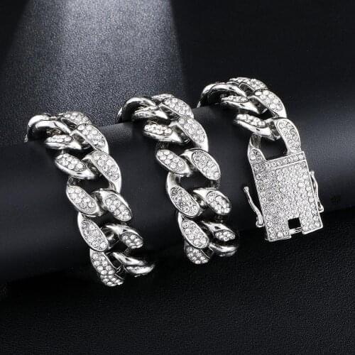 Hip Hop 1Set 20MM Full Heavy Iced Out Paved Rhinestone Miami Curb Cuban Chain CZ Bling Rapper Bracelet Necklaces For Men Jewelry