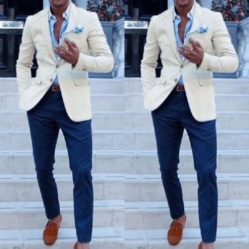 Cheap Custom Made Men Suits for Wedding Groom Tuxedos Classic outfit Man Blazers 2 Pieces Groomsmen Wear (Ivory jacket+bluepant)