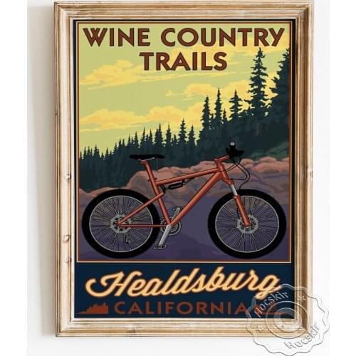 California Healdsburg Travel Advertising Poster, Wine Country Trails Landscape Canvas Painting, Mountain Bike Wall Art Prints