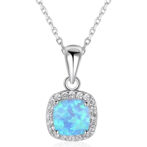 925 Sterling Silver Necklaces & Pendants for Women Square White Blue Opal Necklace Cubic Zirconia Fine Jewelry (Lam Hub Fong)
