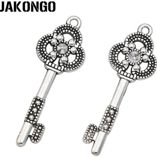 JAKONGO 5PCS Antique Silver Plated Key Charms Pendants for Jewelry Making Bracelet Accessories DIY Handmade Craft 42x15mm