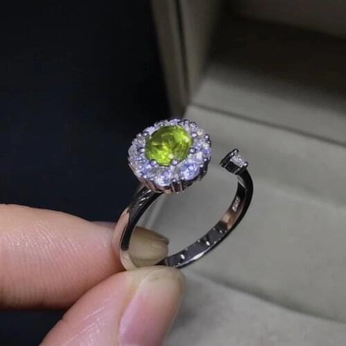 Fashion Elegant round Adjustable size Natural green peridot Ring S925 Silver Natural gemstone Ring Women party gift Jewelry