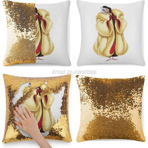 Cruella Sequin Pillowcase Custom Square Pillow Cover Case Zipper Pillow Case 40X40cm Mermaid Cruella 101 Cruella De Vil Cruella