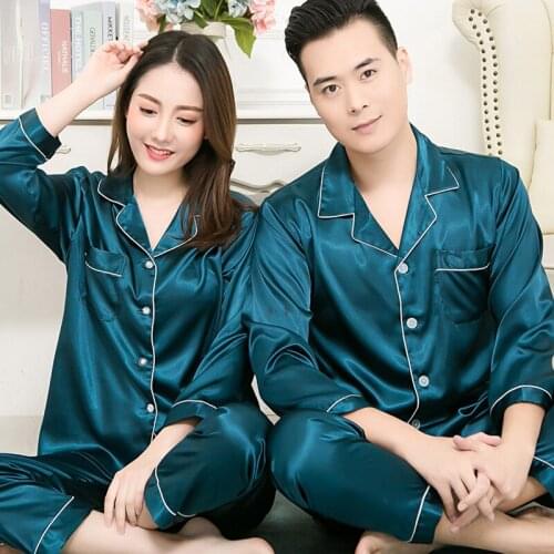 Summer Couple Men Women Solid Color Stain Lapel Long Sleeve Pants Sleepwear Lovers Female Pajamas Pyjamas Homewear