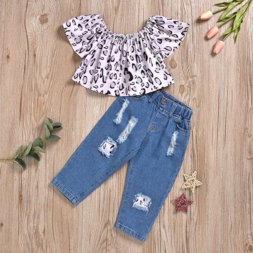 2021 Summer Childrens Baby Girl Suit Leopard Print Short-Sleeved Top + Ripped Jeans Jeans Western Style Suit