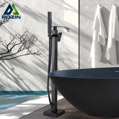 Rozin Matte Black Bathtub Shower Faucet Square Floor Standing Bathtub Faucets Waterfall Bathroom Faucet Hot Cold Water Mixer Tap