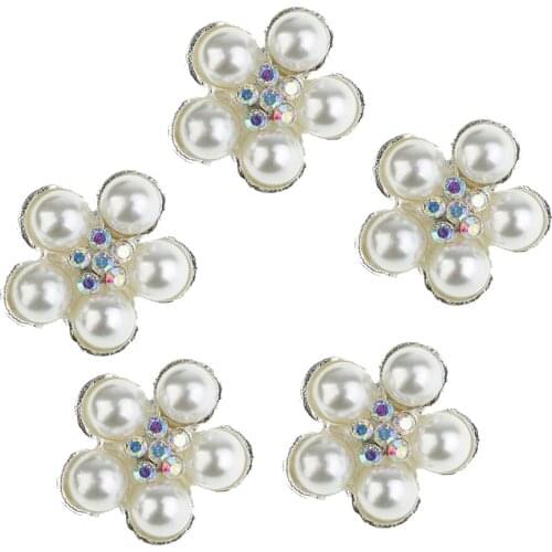 5Pcs Silver Pearl Metal Rhinestone Crafts Buttons Bridal Embellishments 20mm