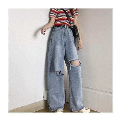 Fashion High-waisted Radish Pants Korean Style Straight-leg Jeans with Holes In Womens Loose Wide-leg Light Color Casual Pant