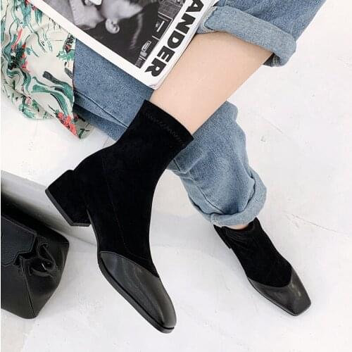 Fashion Square Toe Ankle Boots Autumn Winter Women Boots Comfortable Low Heel Ladies Shoes Elastic boots Black Beige 34-43