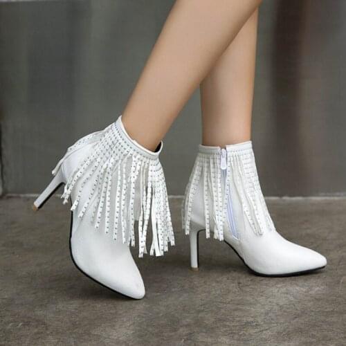 BLXQPYT Fashion Winter Women Boots Short Sexy Fringe High Heels Platform Wedding Party Goth womans Shoes Plus Size Boots A98-1