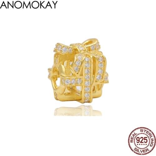 European & American Trendy Full of White Crystal Gold Color Gift Box Charm fit Bracelet & Bangle Real 925 Silver Openwork Beads