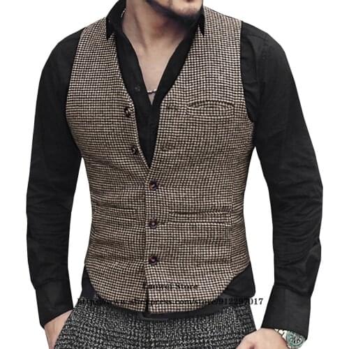 Mens Suit Vests Retro Style Houndstooth Business Formal Classic Groomsmen Clothing For Wedding Men Waistcoat Jacket Homme Gilet