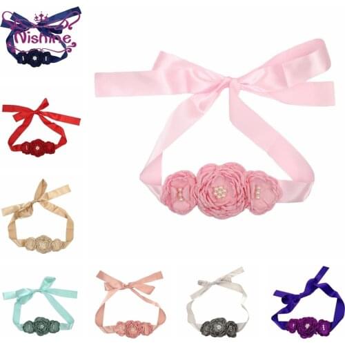 Nishine Solid Color Roast Floral Women Sash with Pearls Fashion Handmade Flower Belts Maternity Waistband Party Dress Decoration