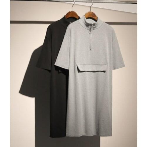 New T-shirt Mid Long Loose Front Half Zipper with Pocket / Stand Collar T-shirt / Skirt Short Sleeve Thirt Dress