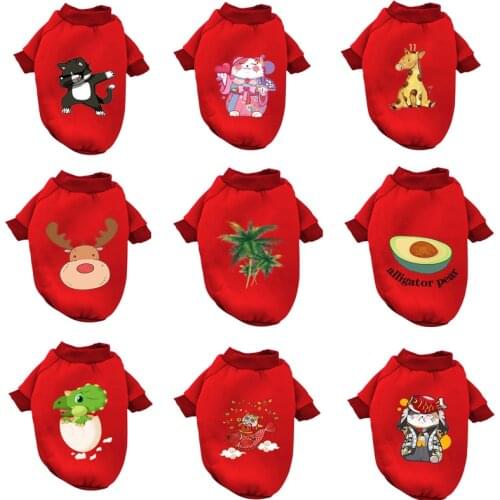 Dog Clothes Cartoon Dog Hoodie Autumn And Winter Plus Velvet Pet Sweatshirt Dog Jacket Red New Year Clothes Warm Pet Coat