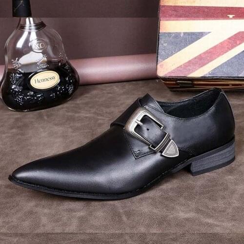 Top Luxury Men Business Leather Shoes Pointed-toe Buckle Classic Black Genuine Leather Dress Flats Party Wedding Slip-on Loafers