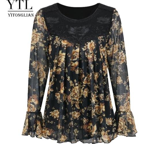 Yitonglian Women Elegant Rose Floral Print Plus Size Trending Blouse for Party Office Loose Fit Oversize Tops 5XL 6XL 7XL H427