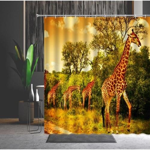 Shower Curtains Set Giraffe Wild Animals 3D Printing Waterproof Polyester Fabric Machine Washable Bathroom Decor With Hooks