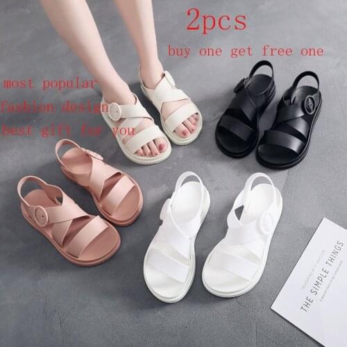2PCS Hot Sales Summer Flat Sandals Women Shoes Gladiator Open Toe Buckle Soft Jelly Sandals Female Womens Flat Beach Shoes New