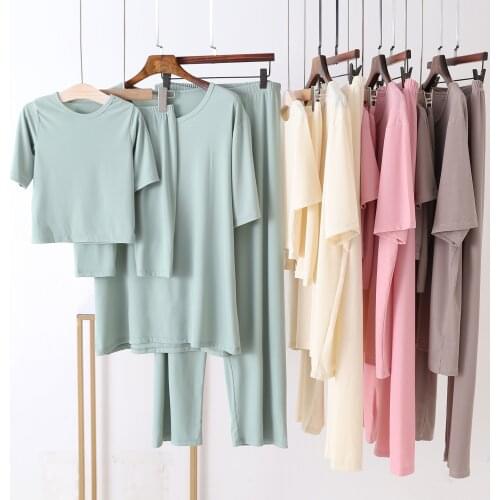 2021 Summer Family Matching Loungwear Mom&Children Ice Silk Short Sleeve Shirt+Wide Leg Pants Kids Pajmas Set Solid Colour
