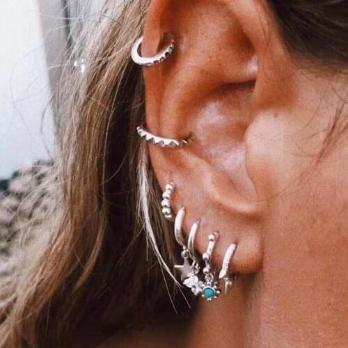 7pcs/set Vintage Bohemian Ethnic Silver Color Moon Star Circles Stud Earrings Set For Women Fashion Ear Cartilage Cuff Piercing